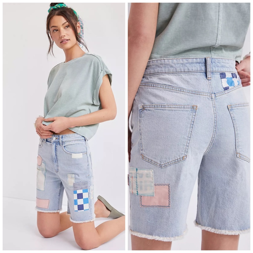 Pilcro Ultra High-Rise Patchwork Denim Bermuda Shorts